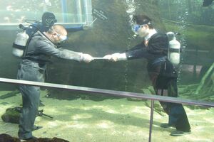 水中で辞令を受け取る野上さん(右)
