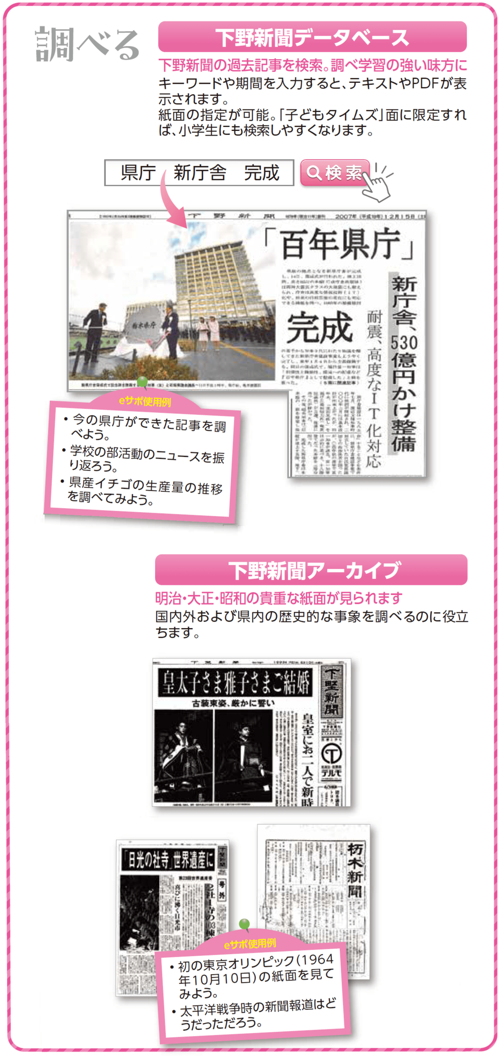調べる、下野新聞データベース、下野新聞アーカイブ